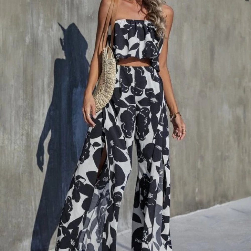 Boho Floral sleeveless Tube Top And Pants Set cottagecore Black White - Picture 3 of 8